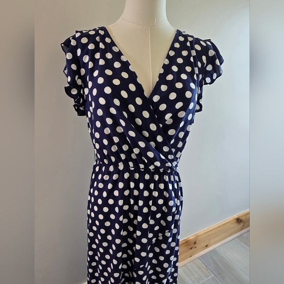 NWT Grecerelle V-Neck Faux Wrap Blue White Polka Dot Dress Ruffle Sleeve Sz. S - Picture 3 of 14